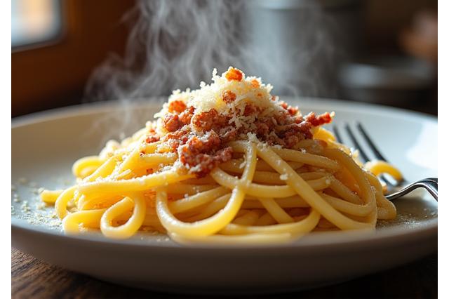 Piatto di Carbonara fumante con guanciale croccante e pecorino romano