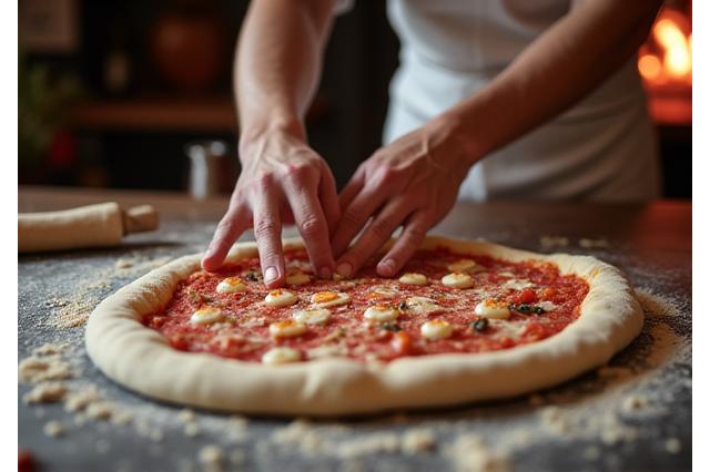 Artigiano pizzaiolo che stende l'impasto per la pizza napoletana