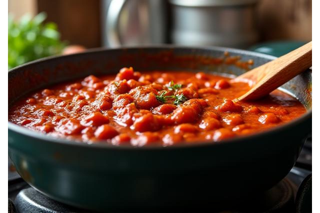 Pentola di ragù bolognese tradizionale in lenta cottura