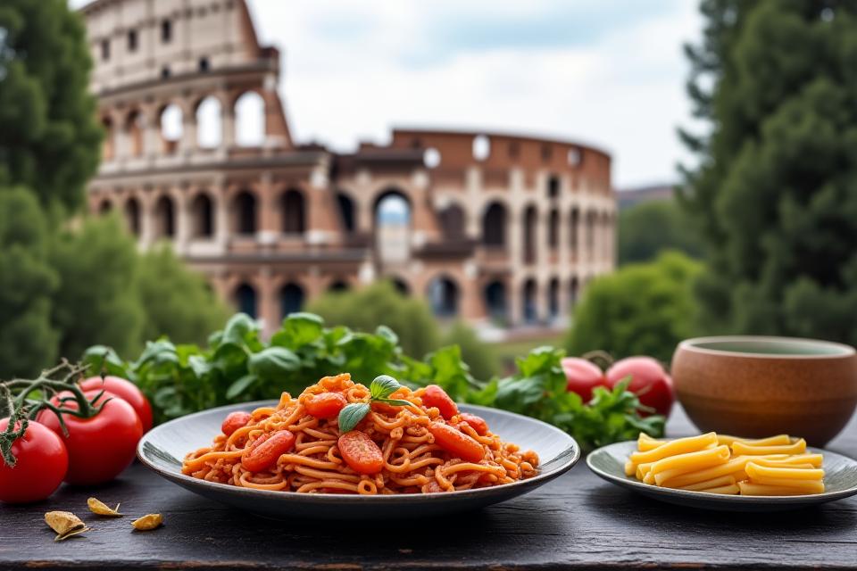 Antico Colosseo e ingredienti freschi italiani con stoviglie da cucina moderne