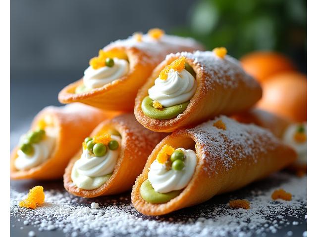 Cannoli siciliani ripieni di ricotta dolce e crema di pistacchio, con una spolverata di zucchero a velo e scorza d'arancia candita.