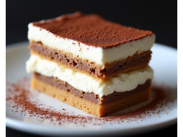 Una porzione perfetta di tiramisù classico con strati di savoiardi inzuppati nel caffè e crema al mascarpone, spolverato di cacao.