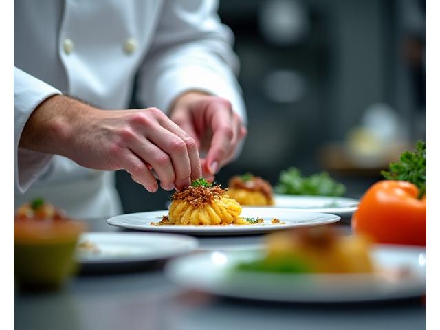 Una scena di cucine professionali dove uno chef prepara meticolosamente un piatto gourmet, con ingredienti freschi in primo piano.