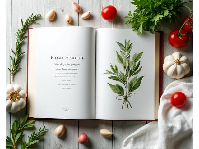 Un elegante libro di ricette aperto su una pagina con illustrazioni di erbe aromatiche, accanto a ingredienti freschi come aglio e rosmarino su un tavolo di legno.