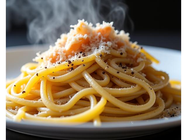 Piatto fumante di spaghetti alla carbonara, con guanciale croccante, pecorino romano e pepe nero macinato fresco.