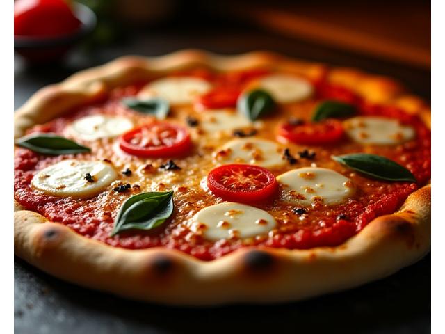 Una pizza romana appena sfornata con una base croccante, pomodoro fresco, mozzarella di bufala e basilico fragrante, con bordi leggermente bruciati.