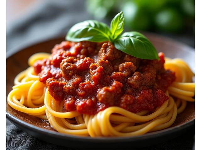 Primo piano di pasta fatta in casa con un ricco ragù di carne, condita con basilico fresco.