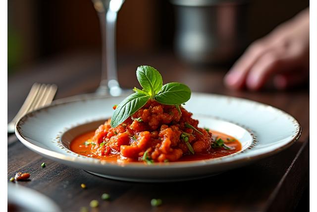 Piatto gourmet splendidamente impiantato per una foto