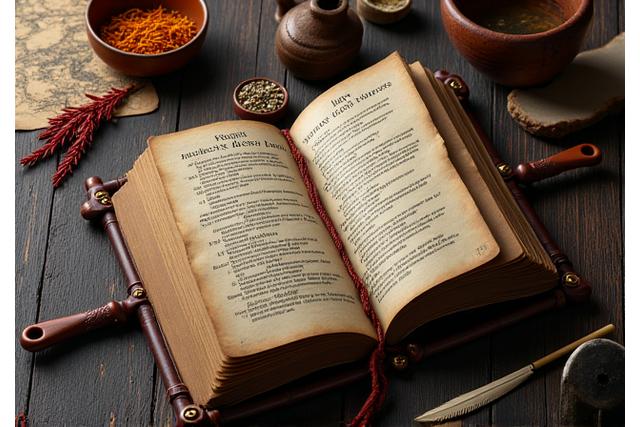 Antico libro di ricette e spezie esotiche su un tavolo di legno